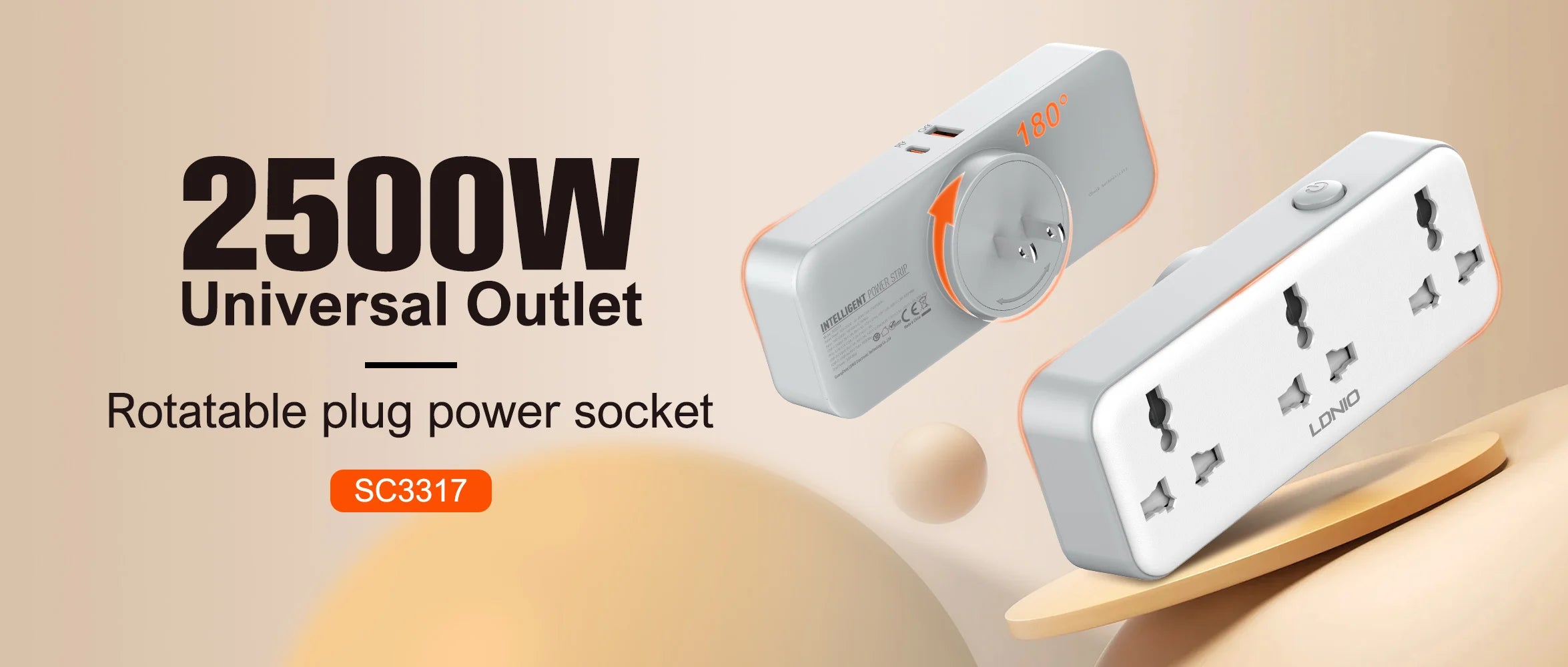 LDNIO Rotatable Power Plug with Switch – 3 AC Sockets & 2 USB (30W PD)