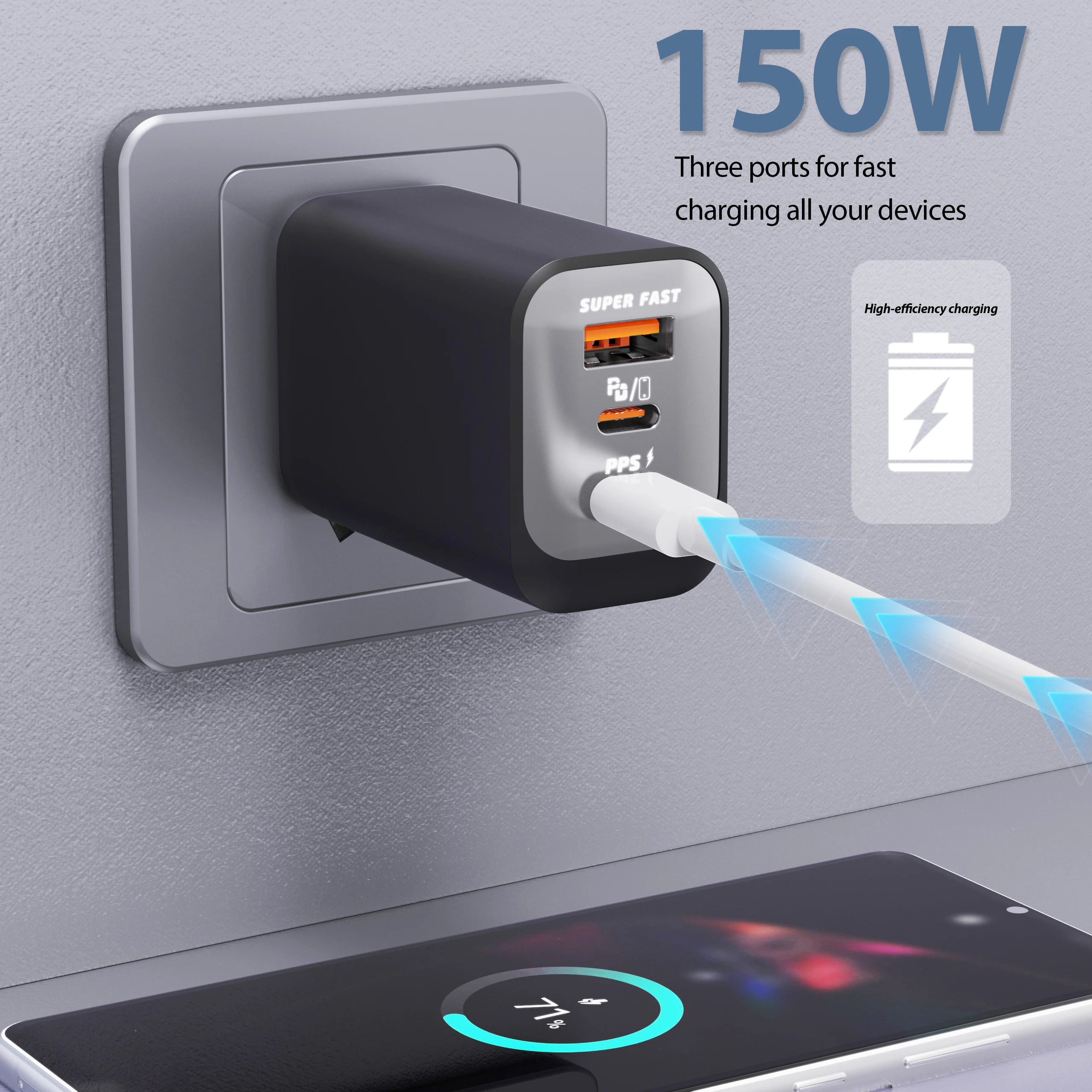 Quick Charge 3.0 Fast Charger Muti Total 150W 3 Port USB Type C PD Mobile Phone Wall Adapter for iPhone 16 Samsung S24 Xiaomi 15