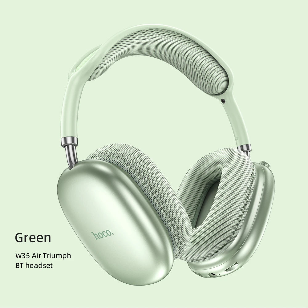 Green hoco W35 Air Triumph BT headset on a light green background