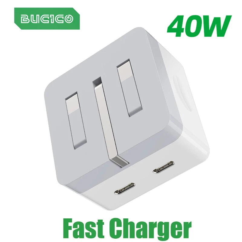 40W Dual USB-C Charger – Foldable Wall Adapter for iPhone & iPad