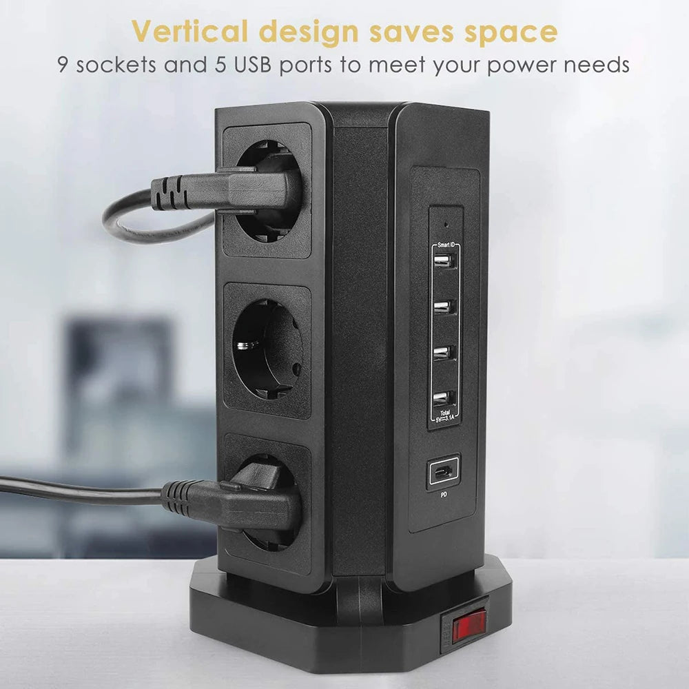 MELERY EU Vertical Space - Saving Tower Power Strip – 9 AC Sockets & 5 USB Ports