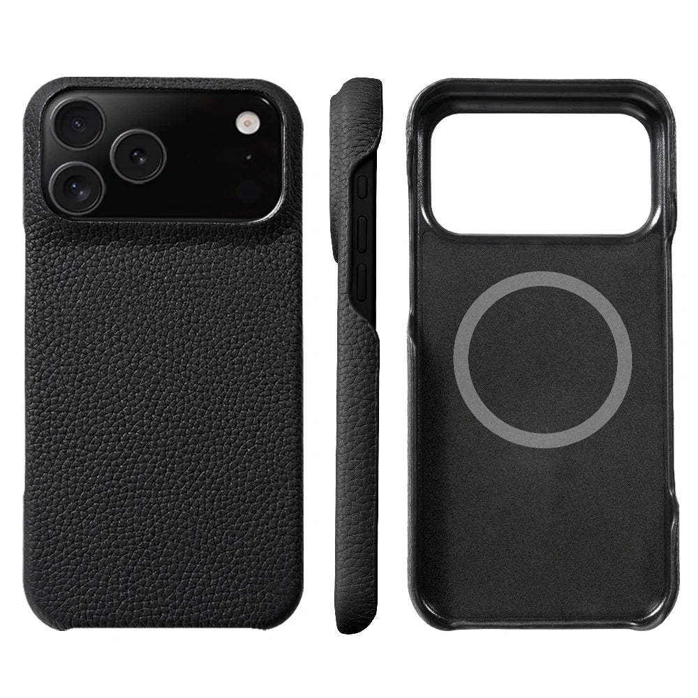 Lychee Genuine Leather Magnetic Case — iPhone 15–17 Series