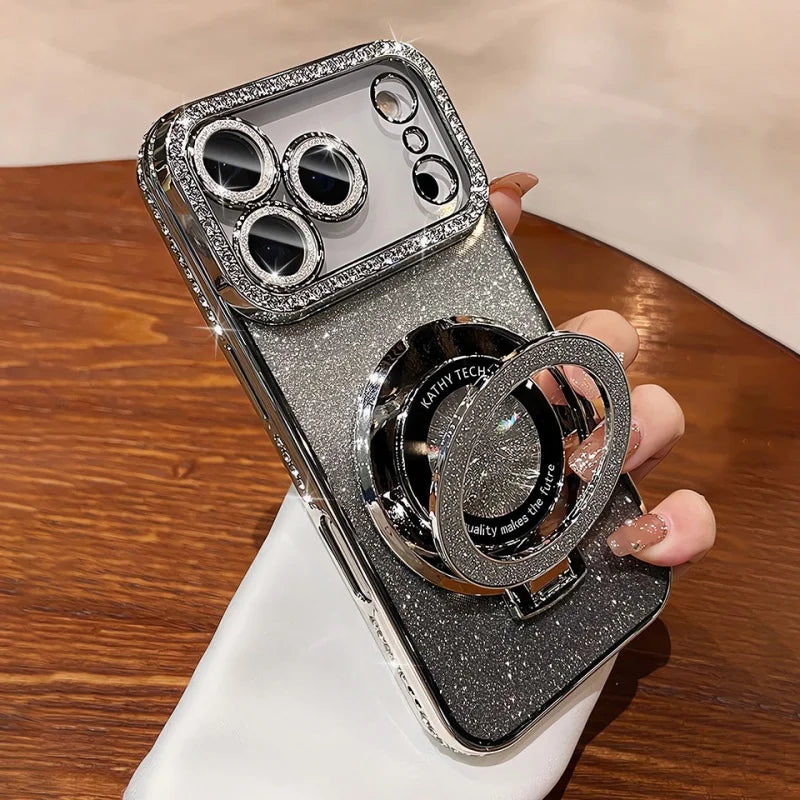 Plating MagSafe Rhinestones Magnetic Stand Case for iPhone 15–17 Series – Diamond Bumper Cover