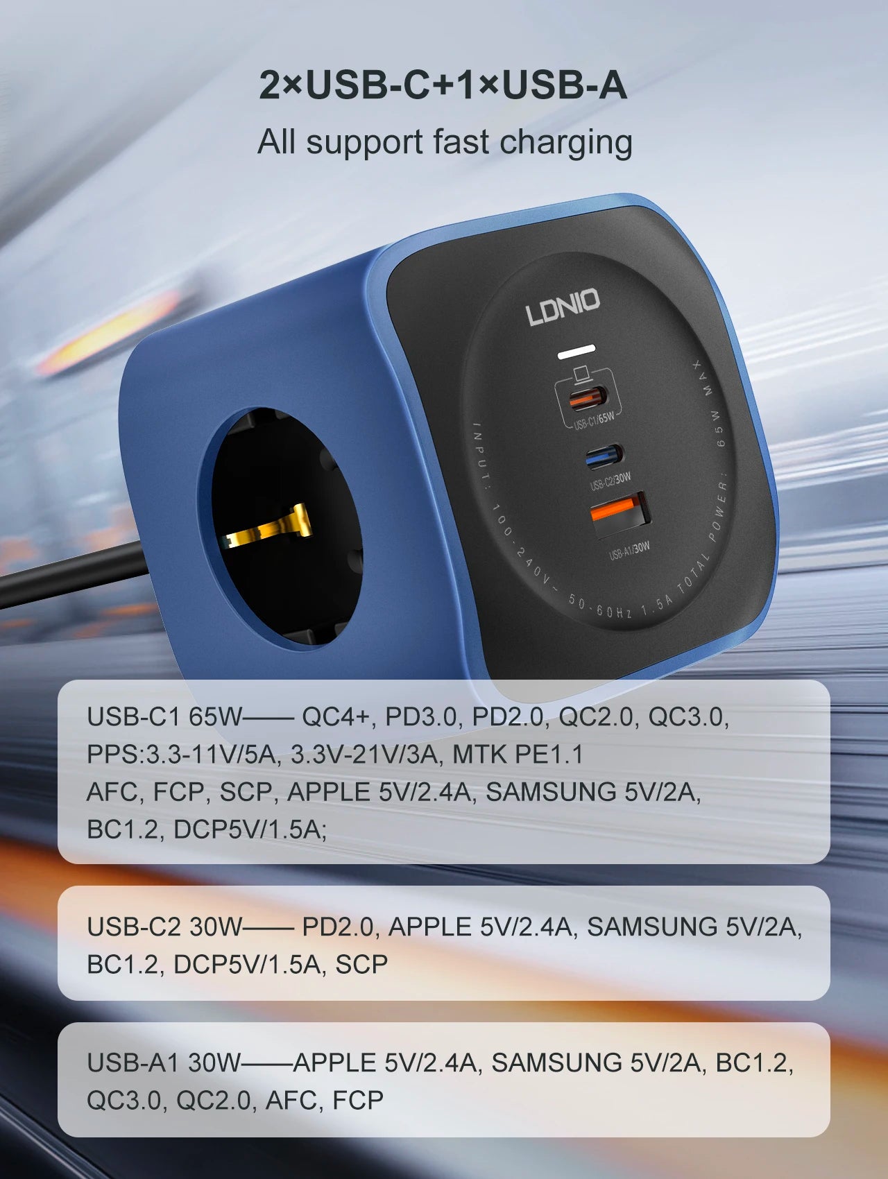 LDNIO 65W Power Cube Charging Station – 3 AC Outlets, USB-C Fast Charging & 2M Extension Cord