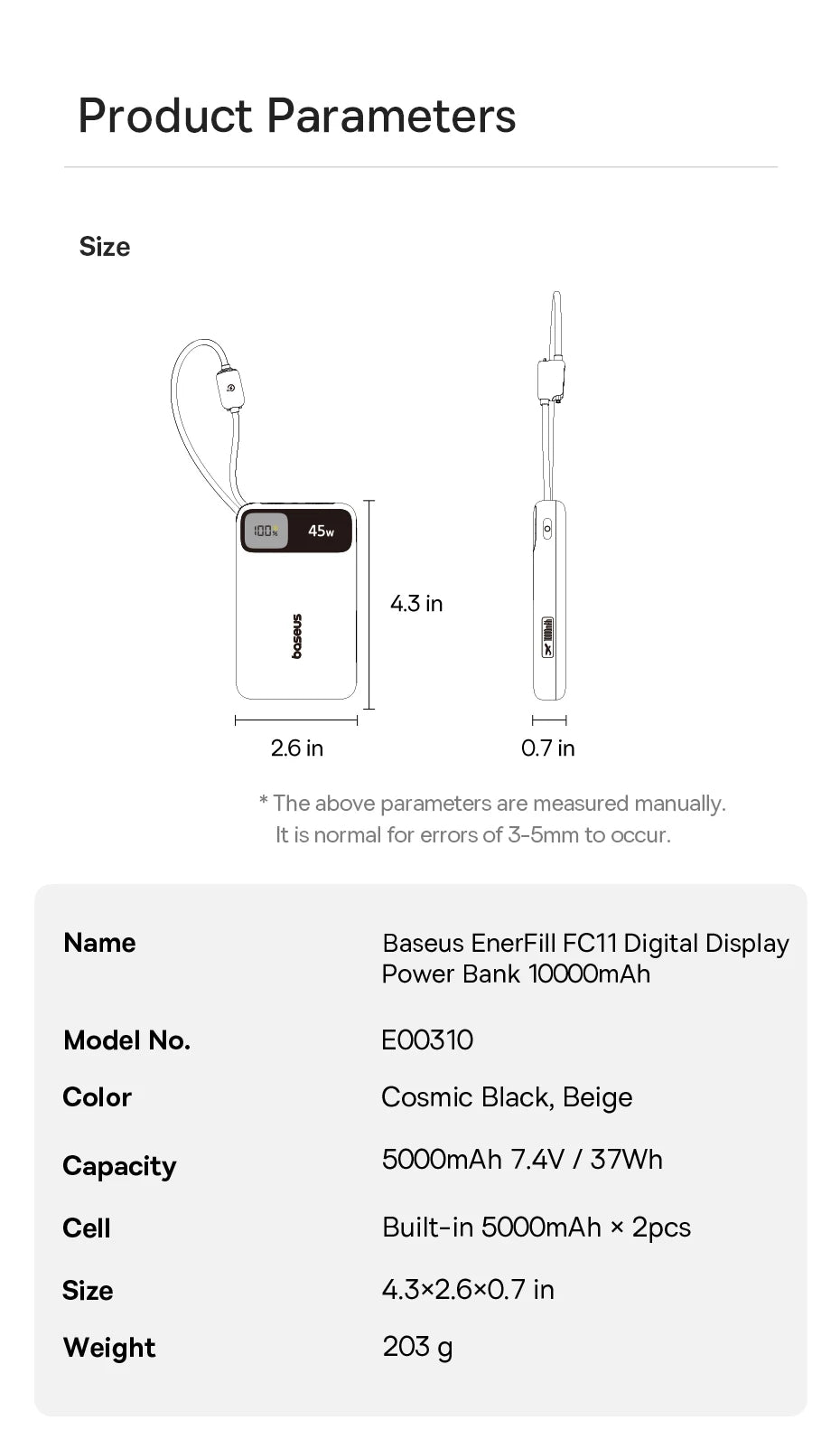Baseus 45W Power Bank 10000mAh 20000mAh Built-In Dual USB-C Cable Fast Charging for iPhone 17 16 Pro Max Samsung S25 Xiaomi Poco