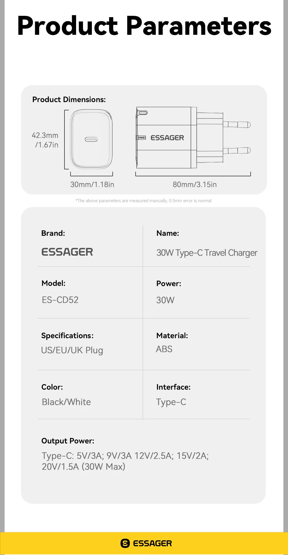Essager 30W Type-C Charger PD 3.0 USB C Charger For iPhone 16 15 14 Pro Samsung Huawei  Xiaomi Tablet iPad Air Pro Phone Charger