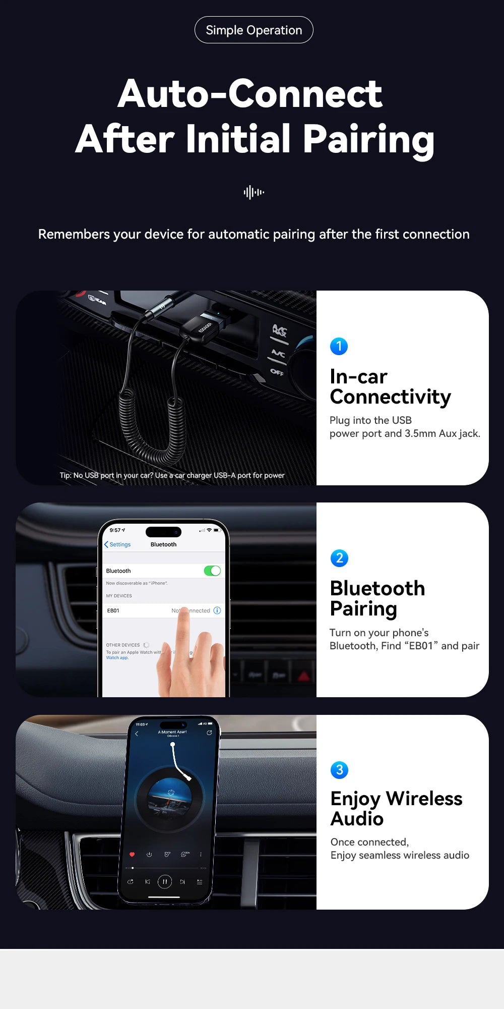 Essager Bluetooth Car Audio Cable 5.0 Transmitter Wireless Receiver Car AUX 3.5mm Jack Adapter Bluetooth Adapter Audio Cable