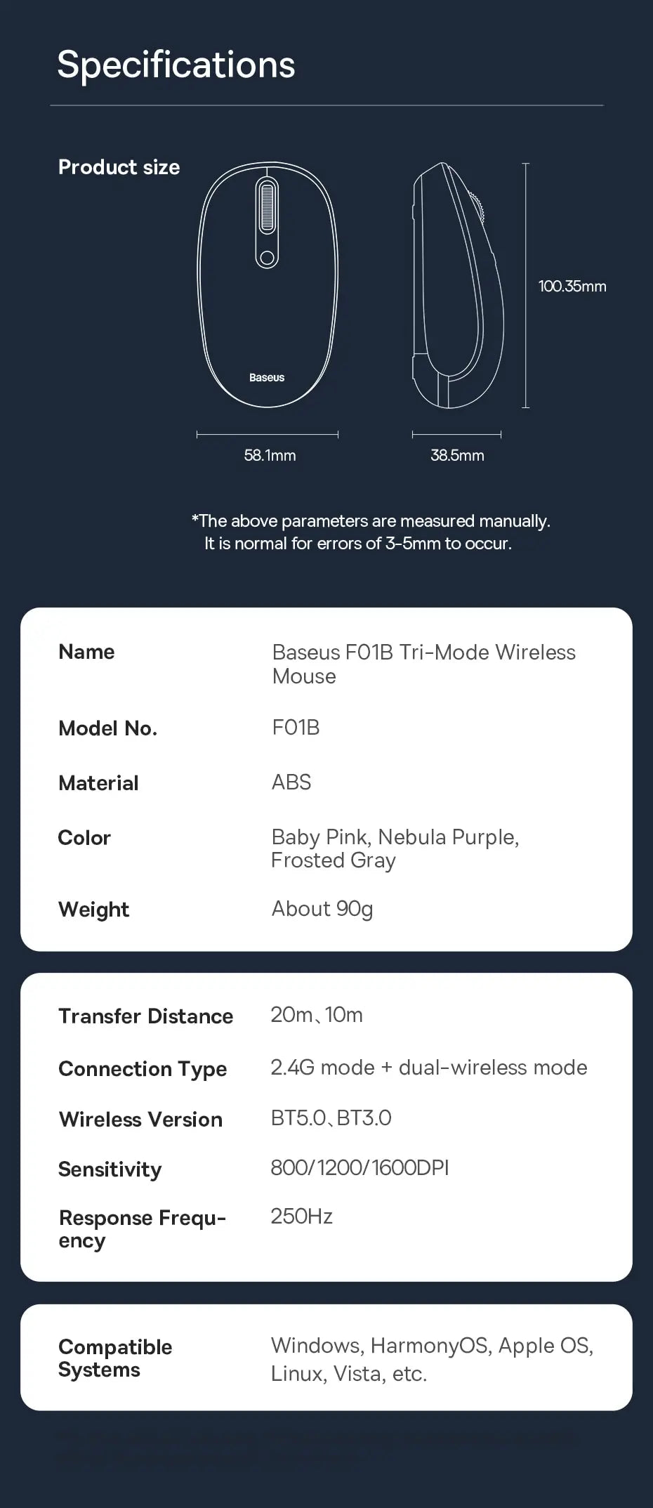Baseus F01B Wireless Bluetooth Mouse – Silent 1600 DPI