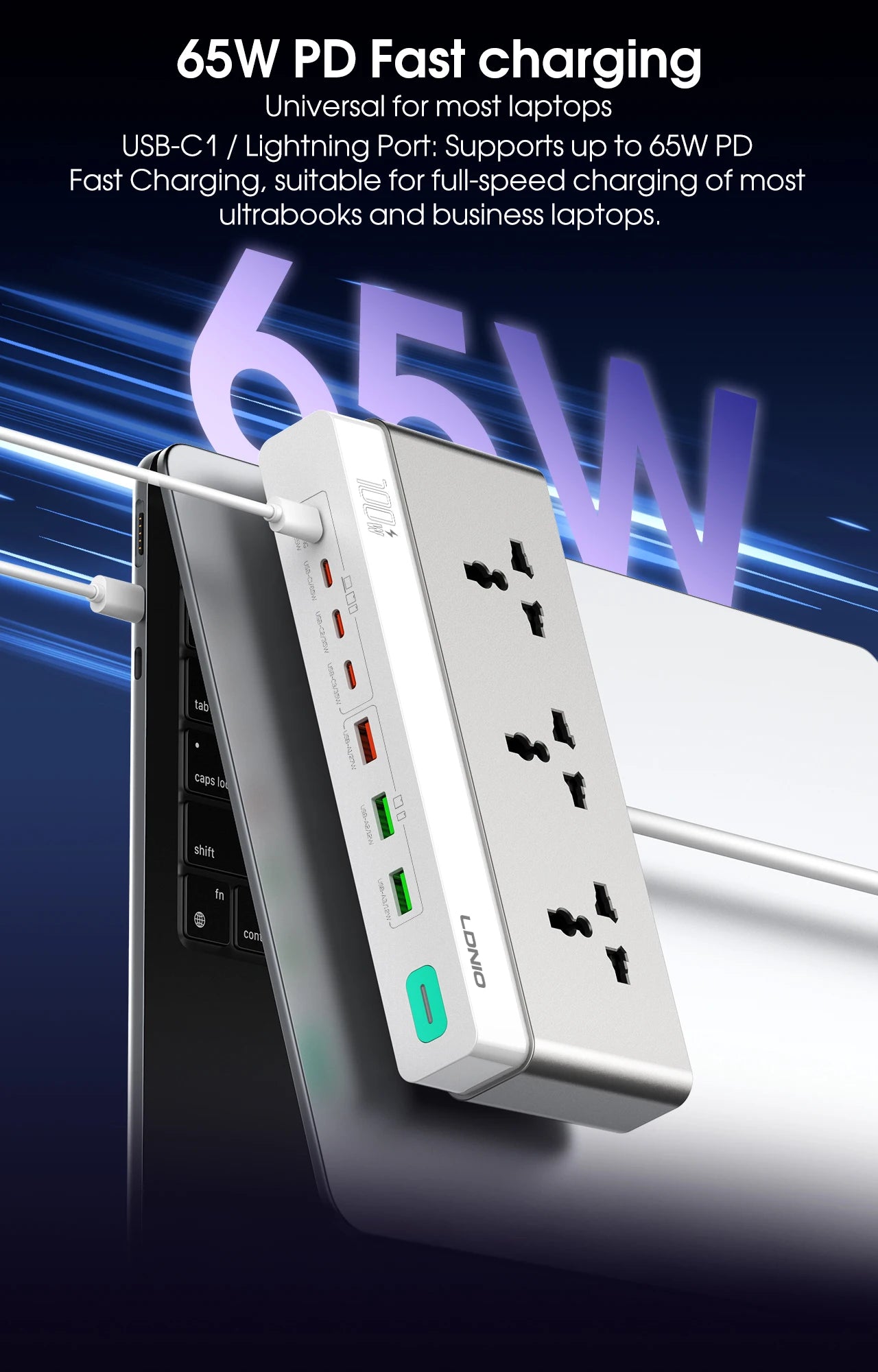 LDNIO 100W Desktop Power Strip – Universal AC Outlet with 65W USB-C Fast Charging & 2500W Power Station