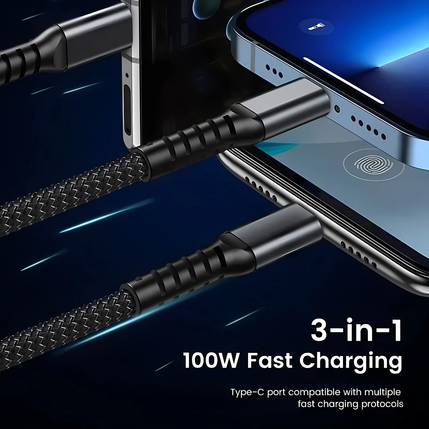 100W 3-in-1 Fast Charging Cable – USB, Type-C & Micro USB