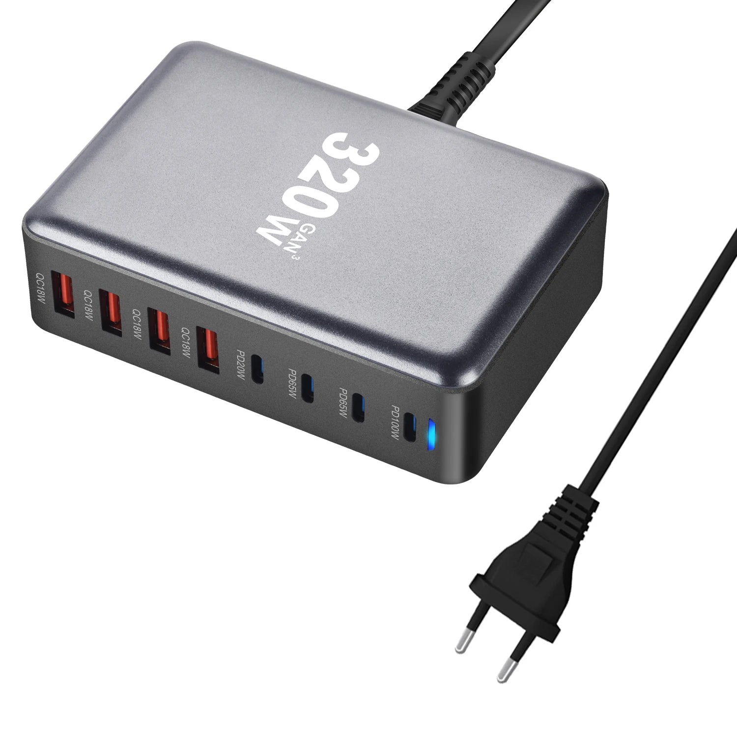 8-Port 320W GaN Fast Charger – C-Type PD Mobile Station