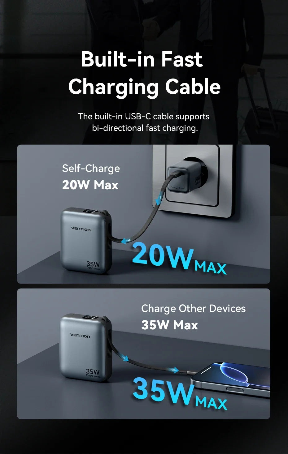 Vention 35W Mini Power Bank 10000mAh Fast Charging