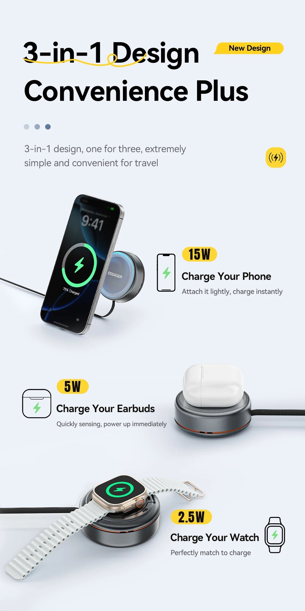 Essager Wireless Charger – 15W, iPhone, AirPods & Watch