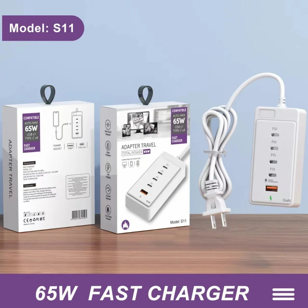 65W USB-C Fast Charging Hub – Multi-Port Wall Charger with 1M Extension Power Socket