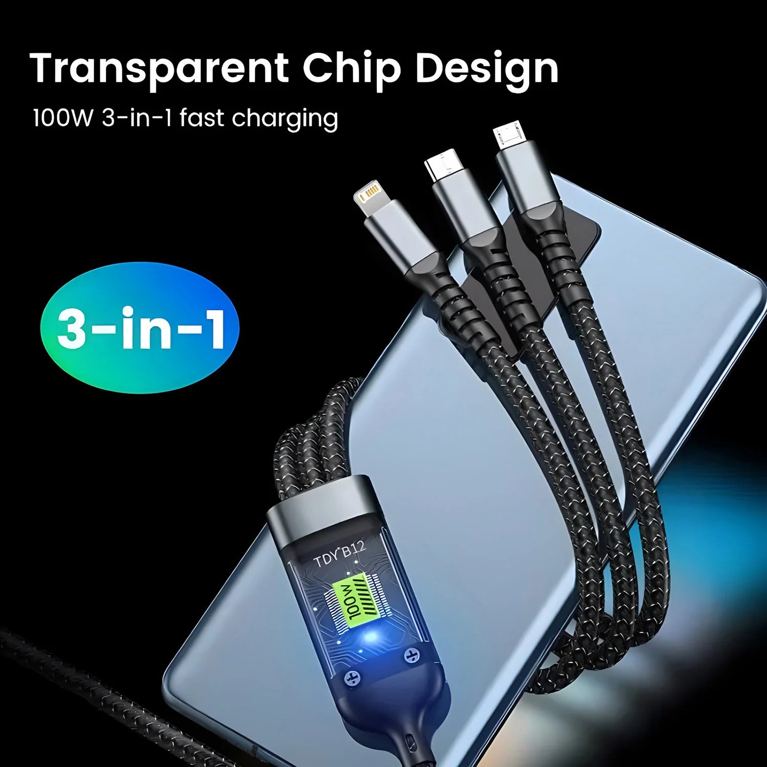 100W 3-in-1 Fast Charging Cable – USB, Type-C & Micro USB