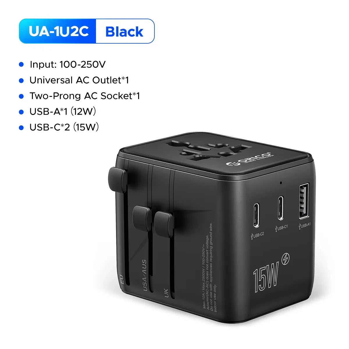 ORICO Universal Travel Adapter Worldwide All-in-One 20W GaN with AC Outlet USB A Type C Dual 10A Fuses Fast Charging EU US UK AU