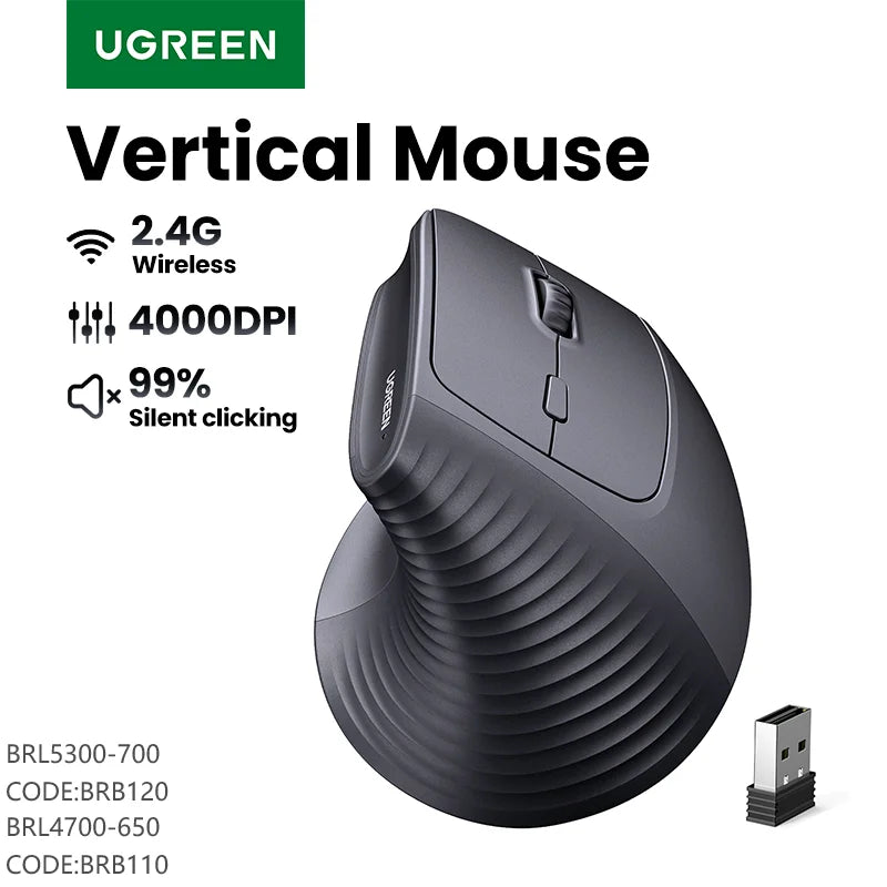 UGREEN Vertical Wireless Mouse – Ergonomic 2.4G, 4000DPI, 6 Silent Buttons