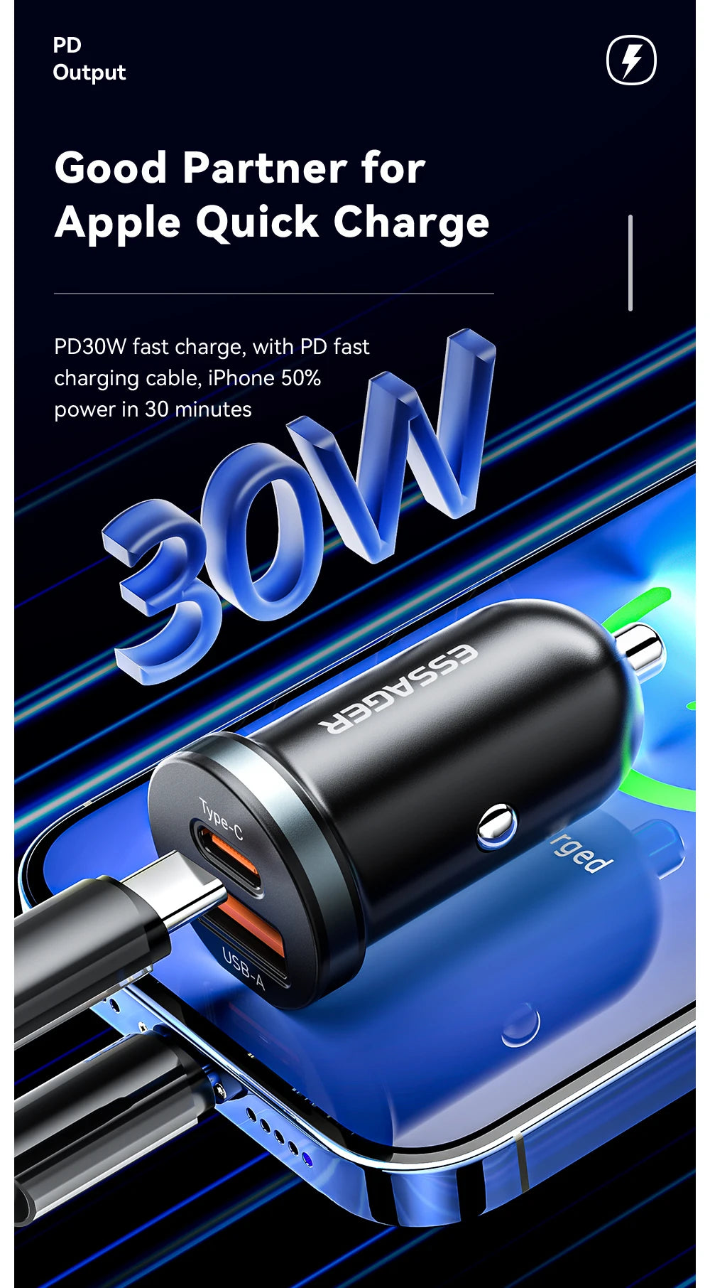 Essager 30W USB Type C Car Charger Fast Charge PD QC 3.0 FCP AFC For iphone 14 13 12 Xiaomi Huawei Samsung Mobile Phones Adapter