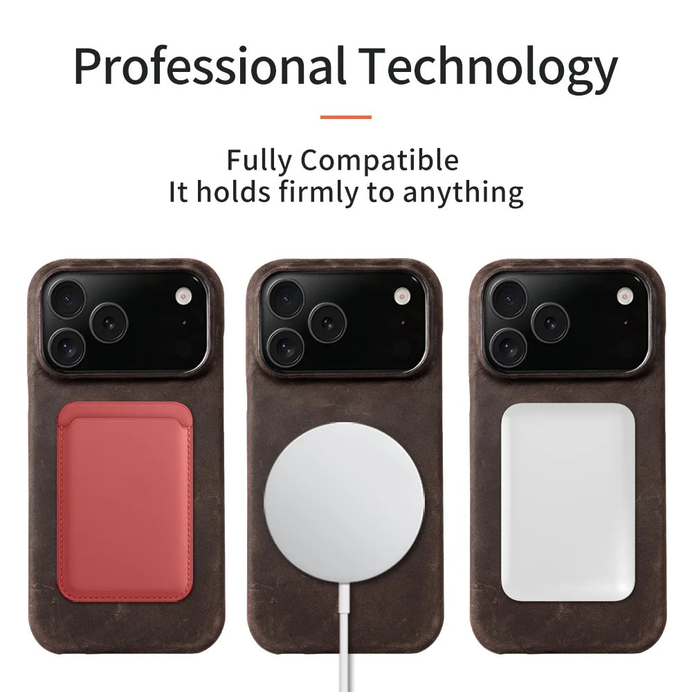 Retro Genuine Pull-Up Leather Magnetic Case – iPhone 15–17 Series