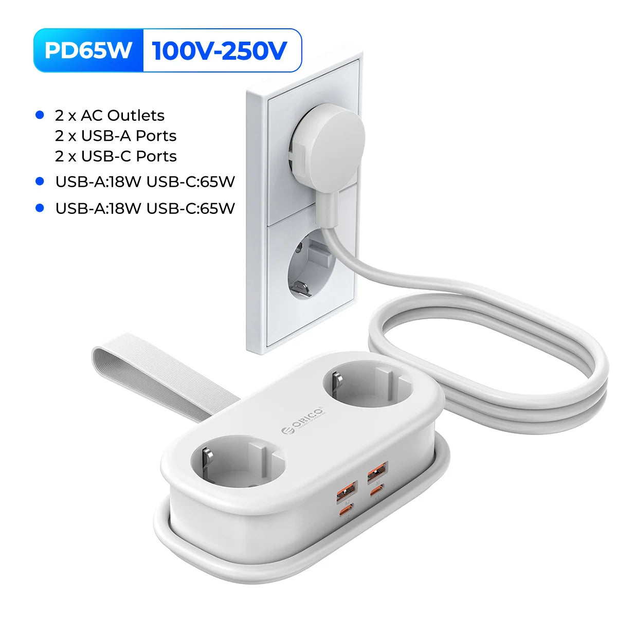 ORICO 65W GaN Power Strip – 2 AC Outlets, 2 USB & 1 USB-C