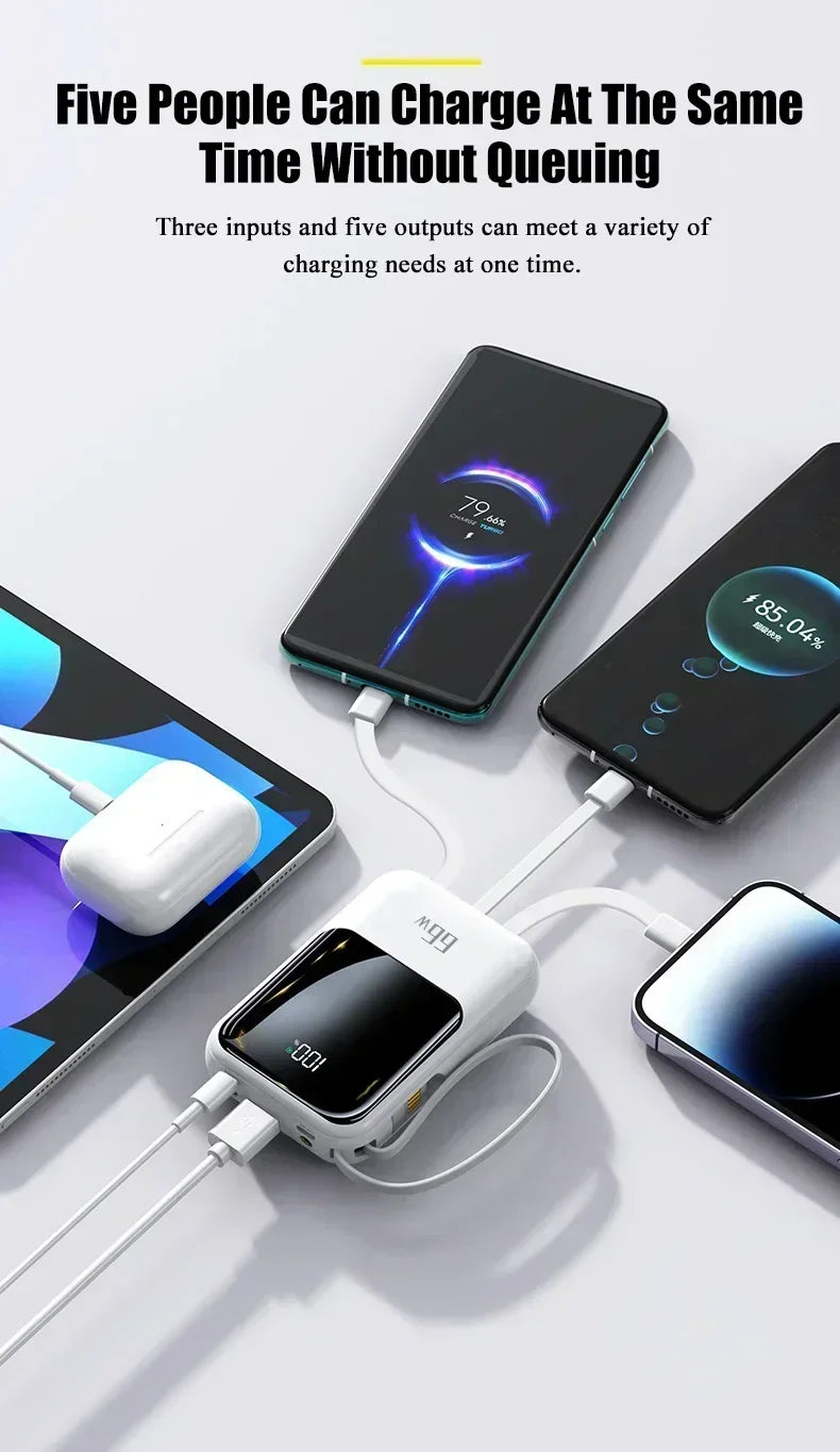 66W 30000mAh Portable Power Bank with Built-in Cables