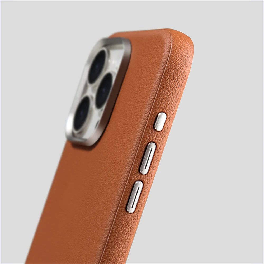 Luxury Business Metal Camera PU Leather Magnetic Case for iPhone 15–17 Series – MagSafe Wireless Protective Cover