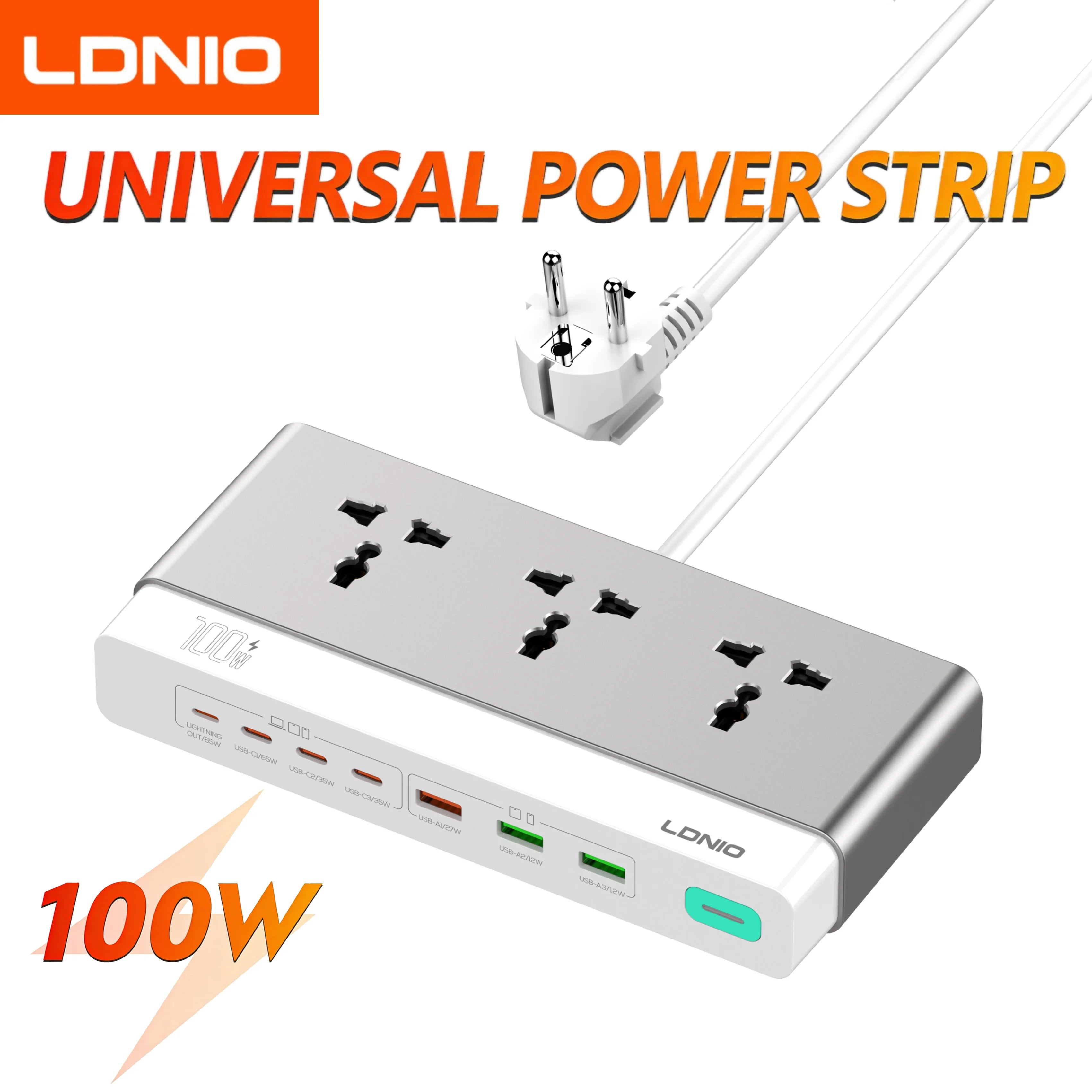 LDNIO 100W Desktop Power Strip – Universal AC Outlet with 65W USB-C Fast Charging & 2500W Power Station
