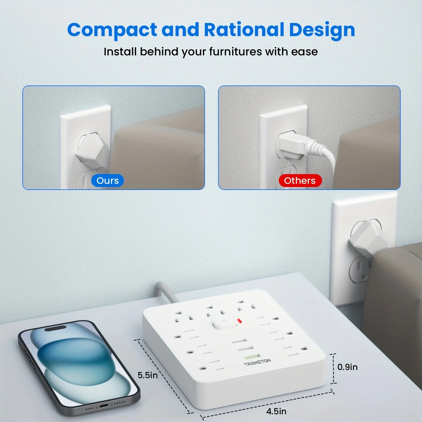 TRANSTON Quick Charge Power Strip – 9 AC Outlets & 3 USB Ports