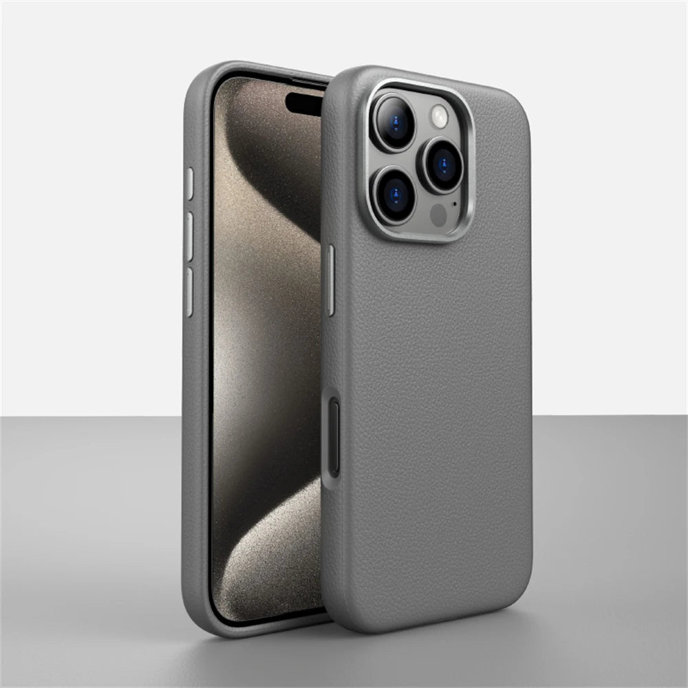 Luxury Business Metal Camera PU Leather Magnetic Case for iPhone 15–17 Series – MagSafe Wireless Protective Cover