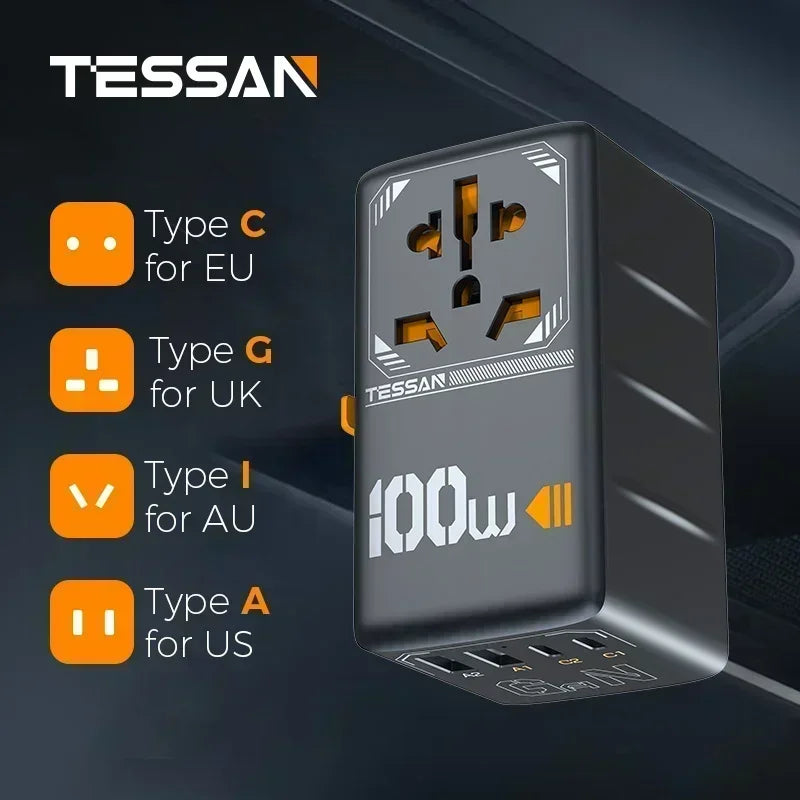 TESSAN 100W GaN Universal Travel Adapter – USB & Type-C Fast Charging