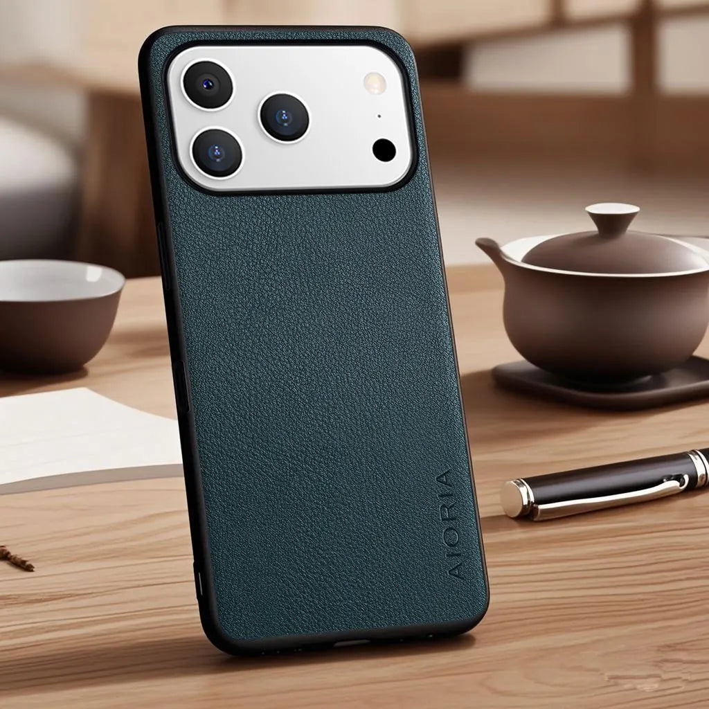 Vegan Faux Lychee Pebbled Leather Case for iPhone 15–17 Series – Soft Protective Cover