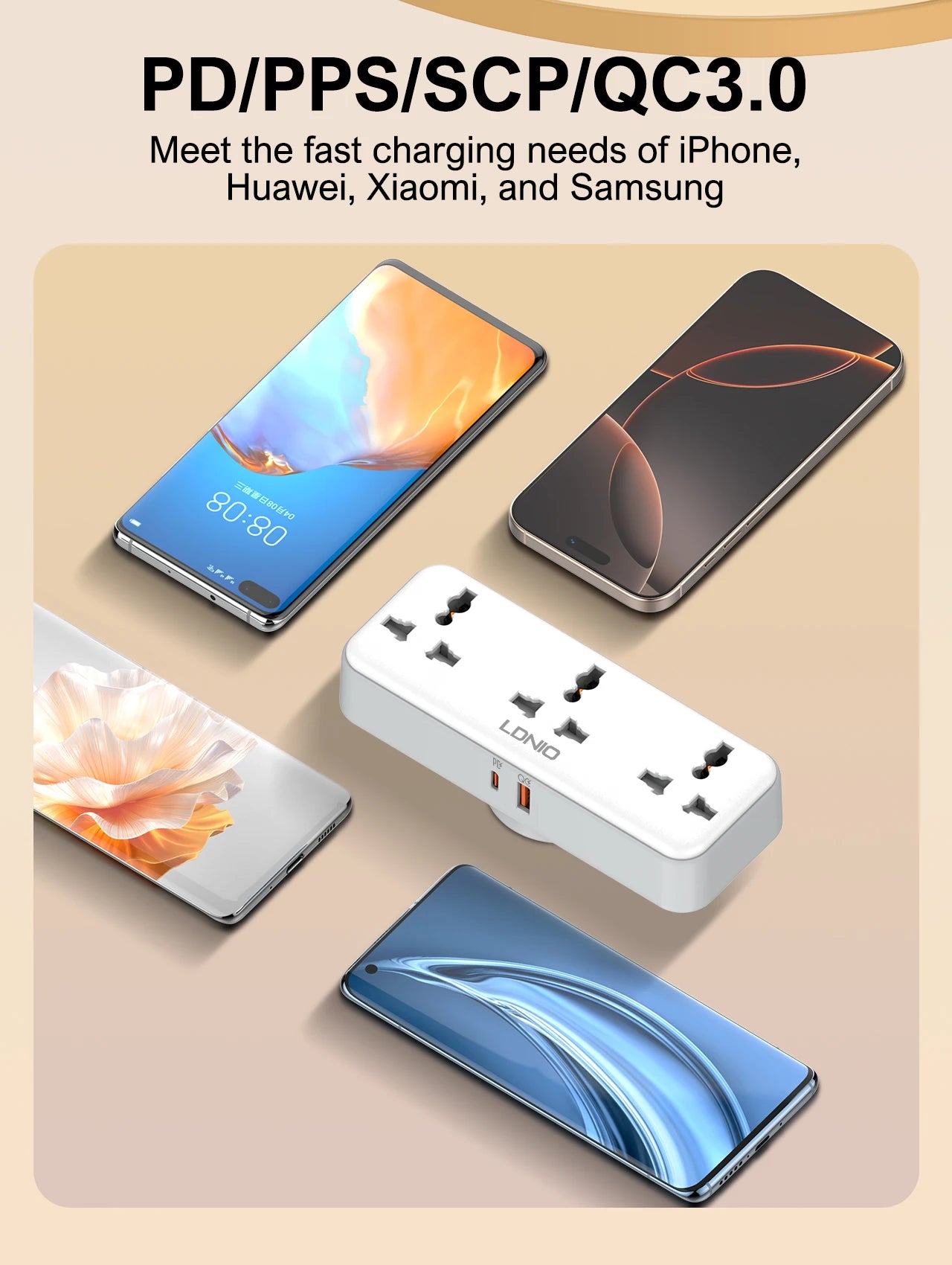 LDNIO Rotatable Power Plug with Switch – 3 AC Sockets & 2 USB (30W PD)