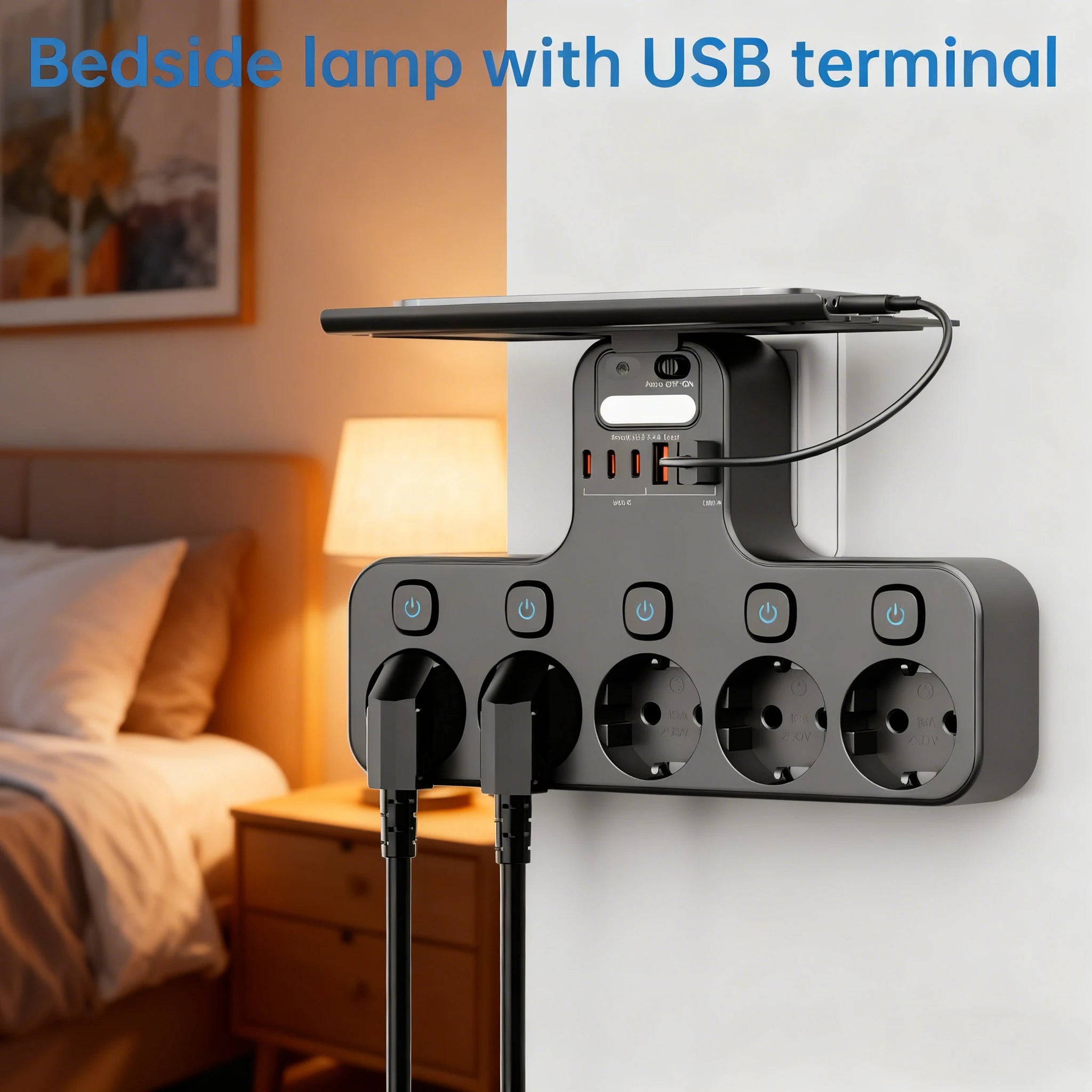 4000W Smart Wall Power Strip – USB-C Fast Charging Hub with Motion Sensor Night Light & Independent Switches