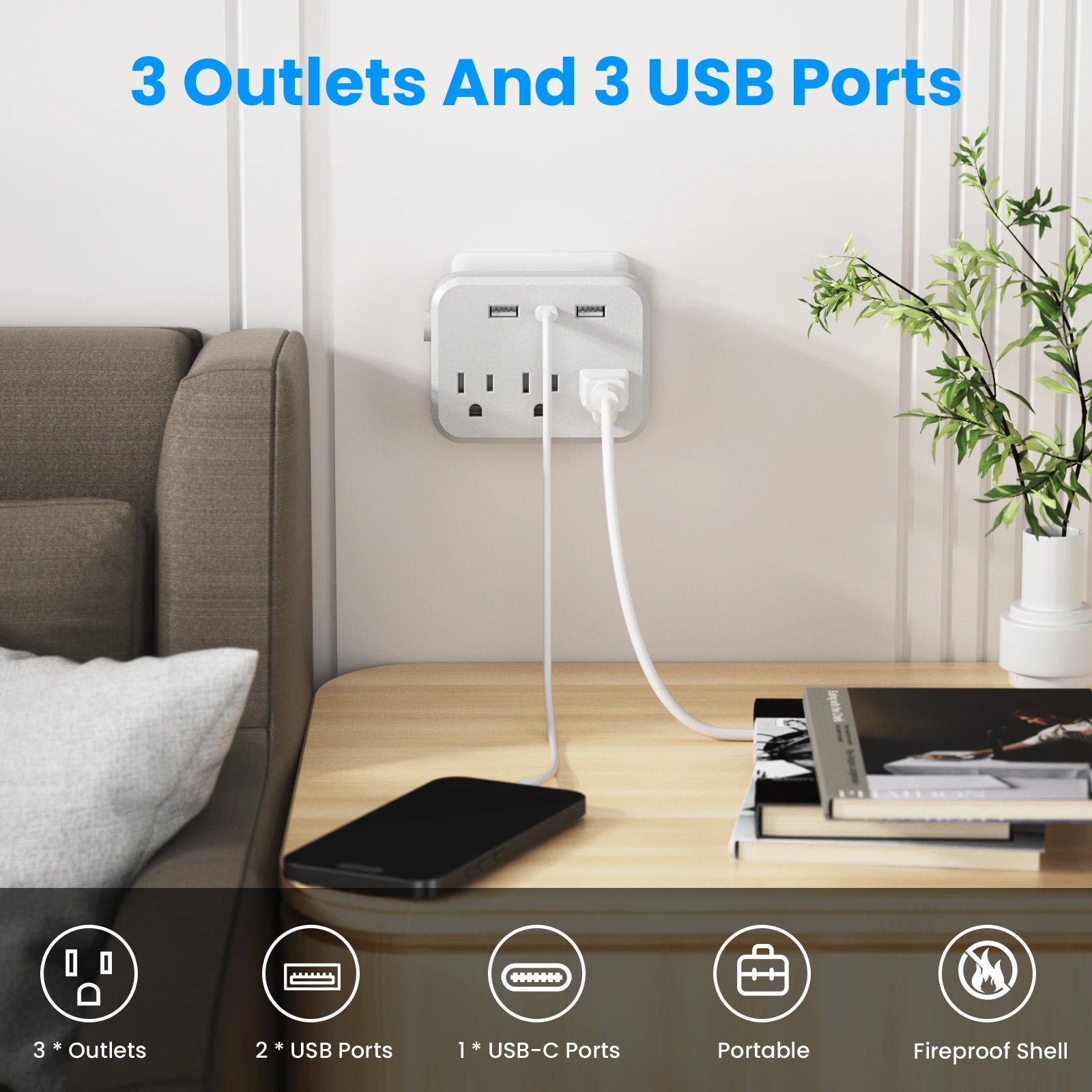 TRANSTON 6-in-1 Power Strip – AC Outlets with USB & USB-C Ports