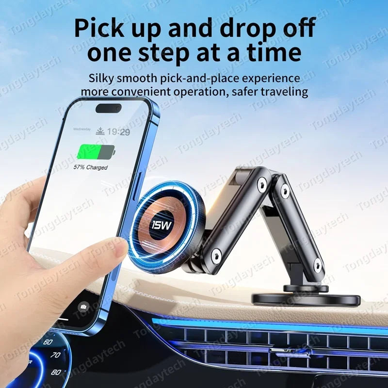 Magnetic Car Charger Holder – 15W Wireless Fast Charge