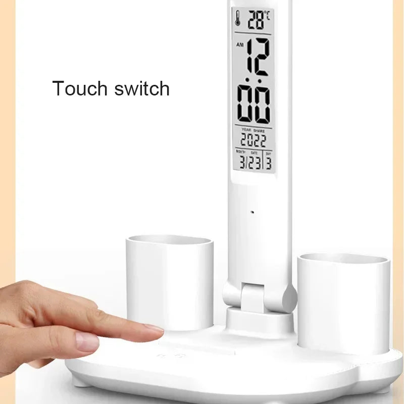 LED Desk Lamp – USB Dimmable Foldable Table Lamp with Clock, Calendar, Temperature Display & Night Light