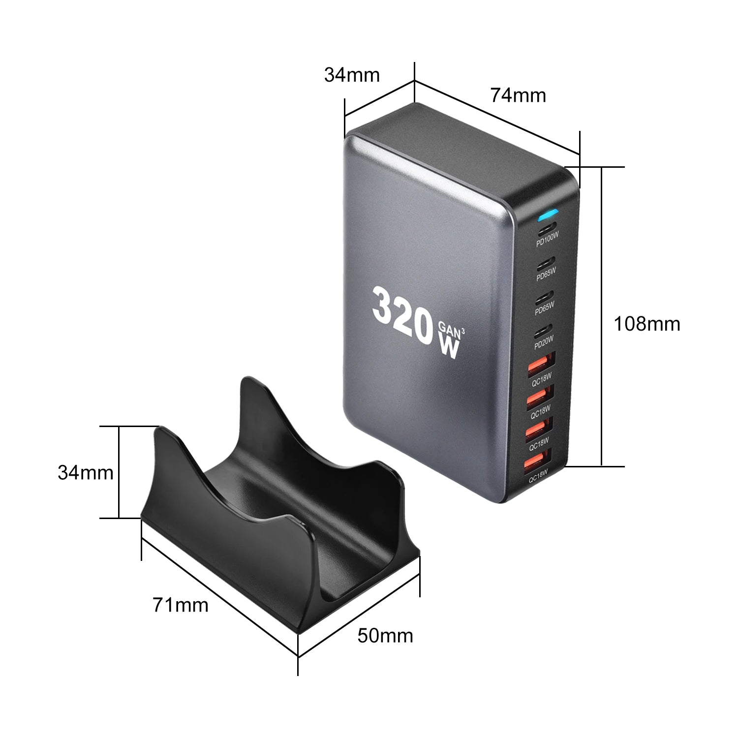 8-Port 320W GaN Fast Charger – C-Type PD Mobile Station