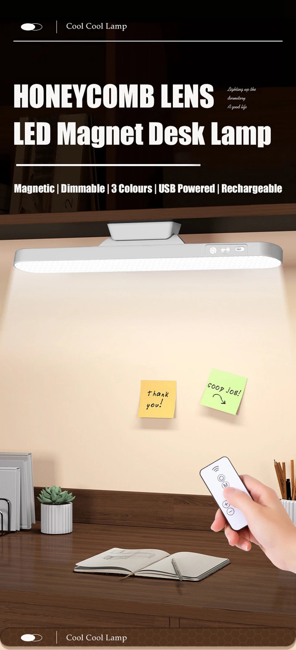 Magnetic LED Table Lamp – USB Rechargeable, 3 Color Dimmable Reading Light