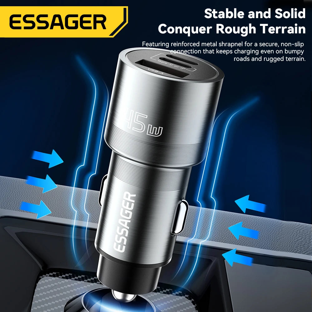Essager Car Charger 3 Ports 45W USB Type C Fast Charging Phone Quick Charge for IPhone 15 14 Huawei Xiaomi Samsung Laptop Tablet