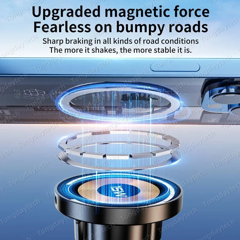 Magnetic Car Charger Holder – 15W Wireless Fast Charge