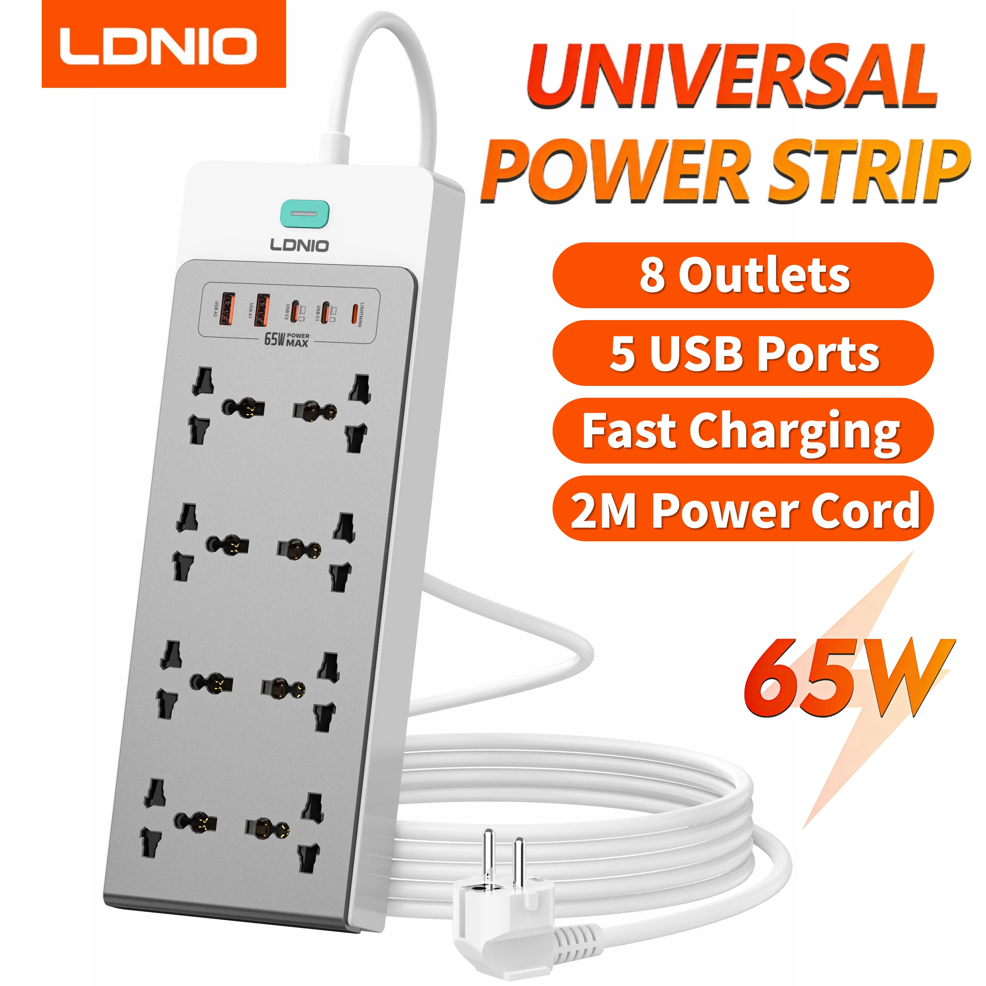 LDNIO 65W 13-in-1 Power Strip – Universal Outlets, USB-C Fast Charging & 2M Surge-Protected Extension Cord