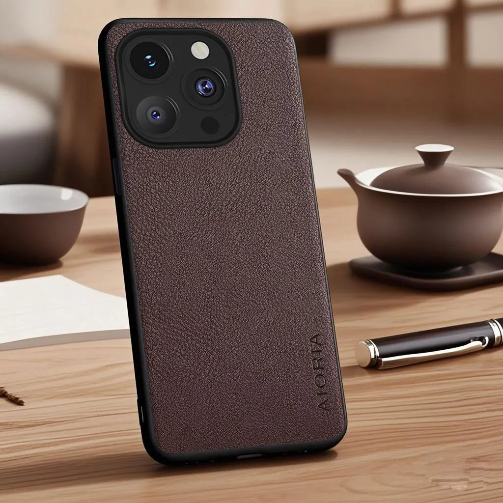 Vegan Faux Lychee Pebbled Leather Case for iPhone 15–17 Series – Soft Protective Cover