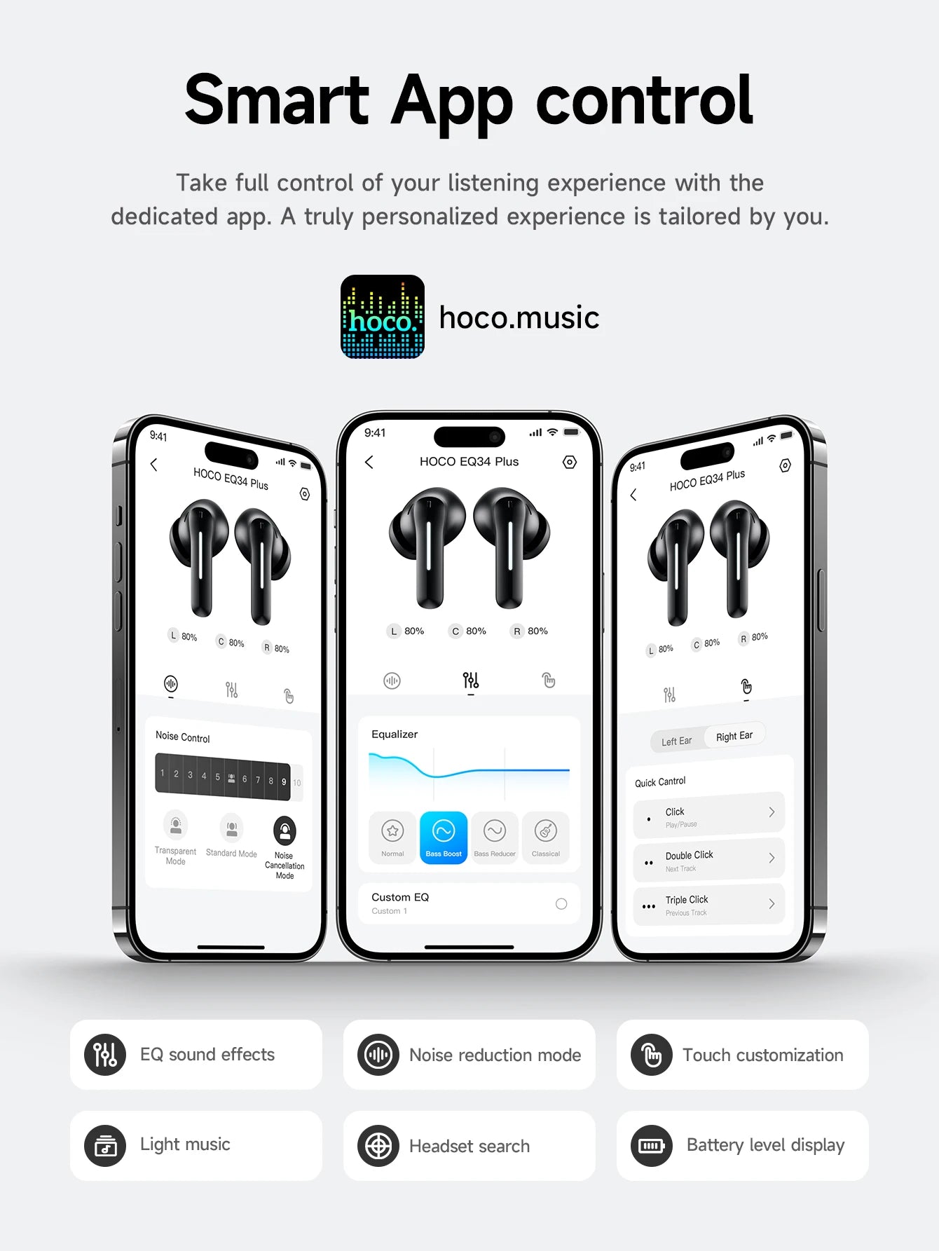 HOCO ANC Acitve Noise Reduction Wireless Bluetooth 5.4 Earbuds With App Control EQ Sound HiFi Sports Music Earbuds 28H Standby