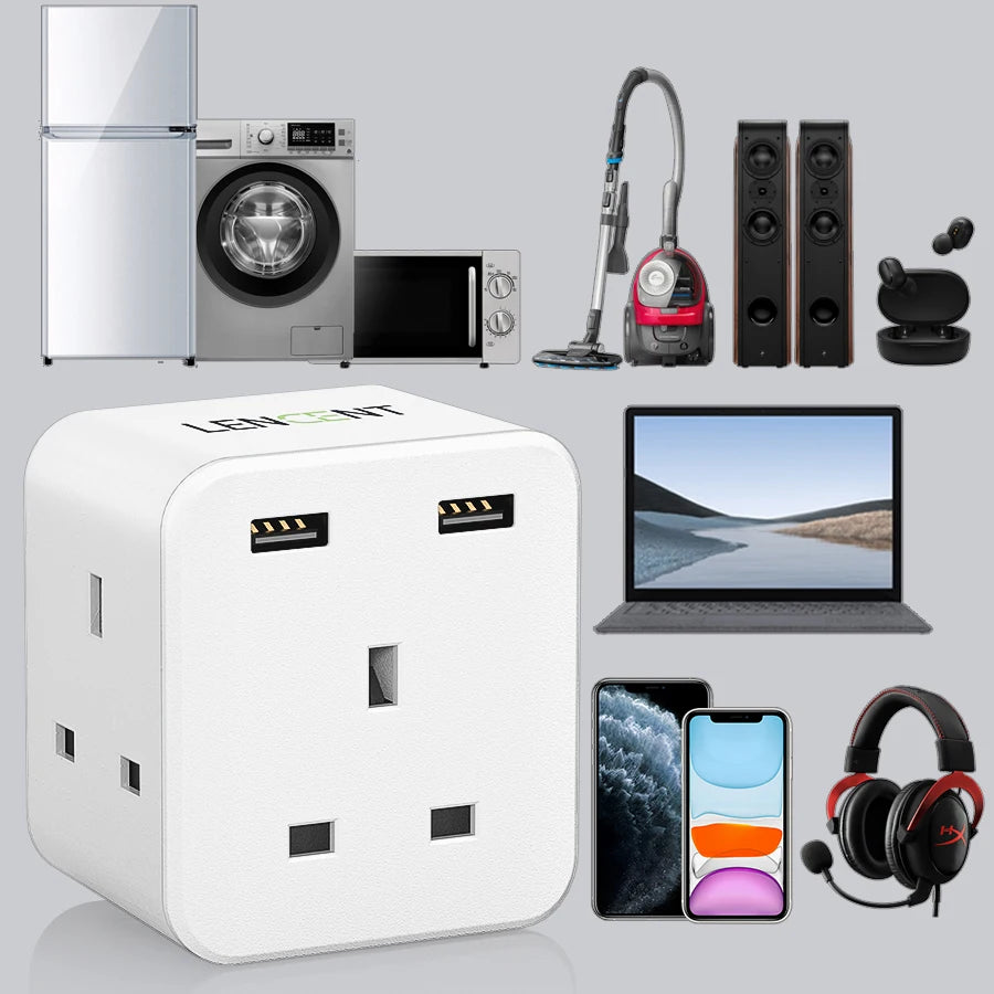 LENCENT UK Plug Power Strip with 3 AC Outlets 2 USB Charging Ports 5V 2.4A Portable Multi Socket Power Adapter for Home Office