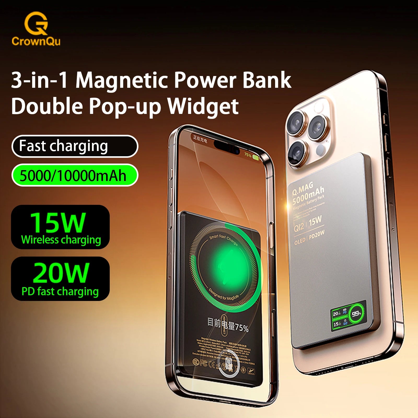 15W Wireless Magnetic Power Bank – LCD Display, iPhone, AirPods & Watch Charging