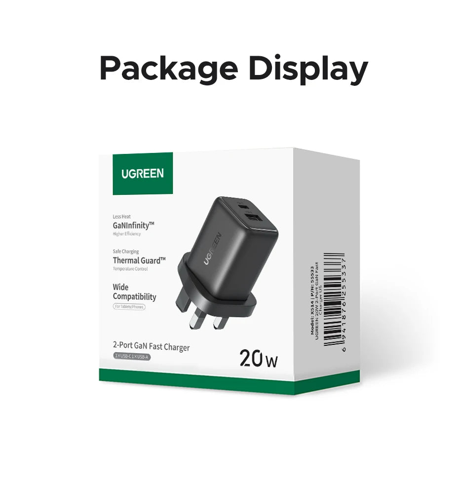 UGREEN GaN Mini Charger – 20W/30W PD 3.0 USB-C (UK Plug)