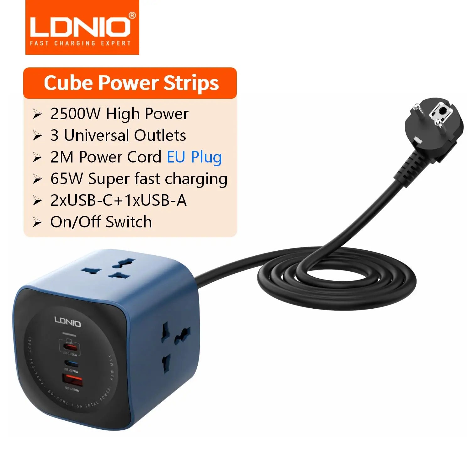 LDNIO 65W Power Cube Charging Station – 3 AC Outlets, USB-C Fast Charging & 2M Extension Cord