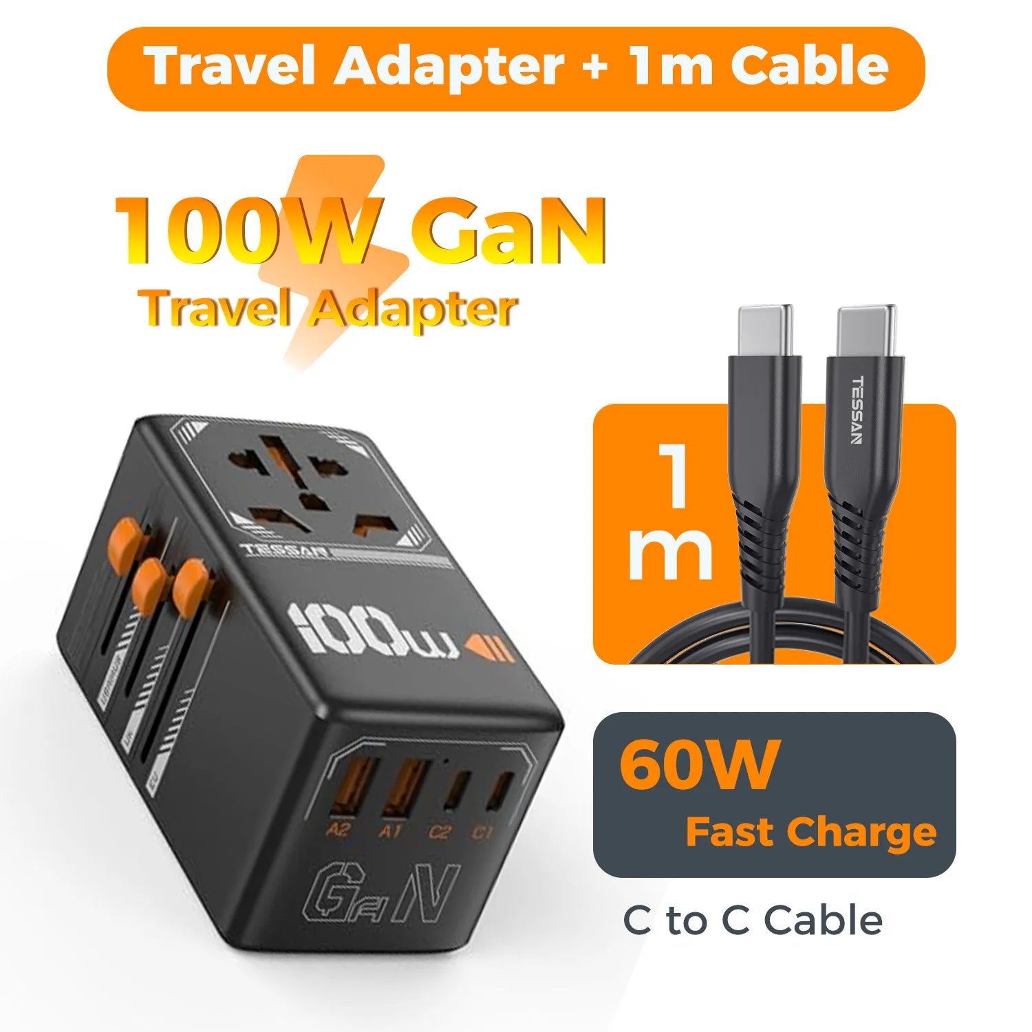 TESSAN 100W GaN Universal Travel Adapter – USB & Type-C Fast Charging