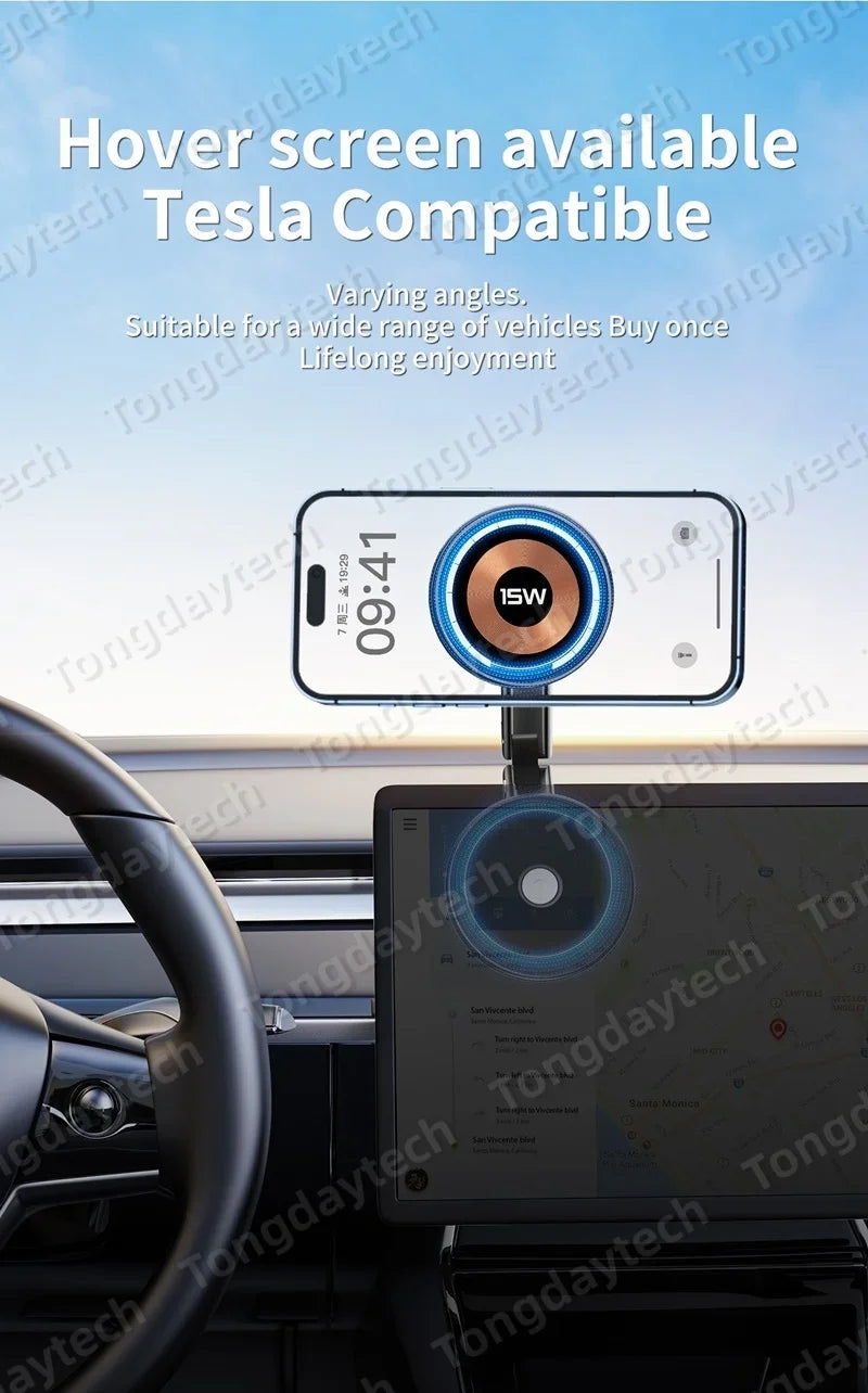 Magnetic Car Charger Holder – 15W Wireless Fast Charge