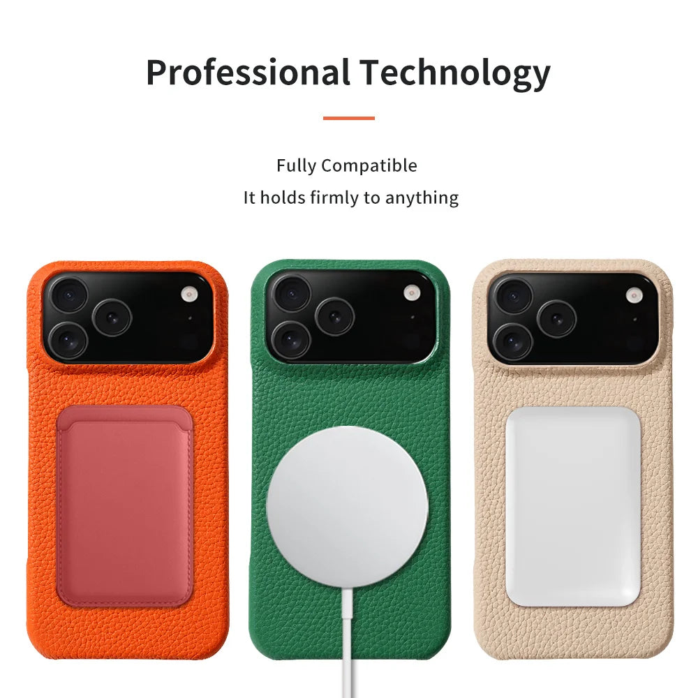 Lychee Genuine Leather Magnetic Case — iPhone 15–17 Series